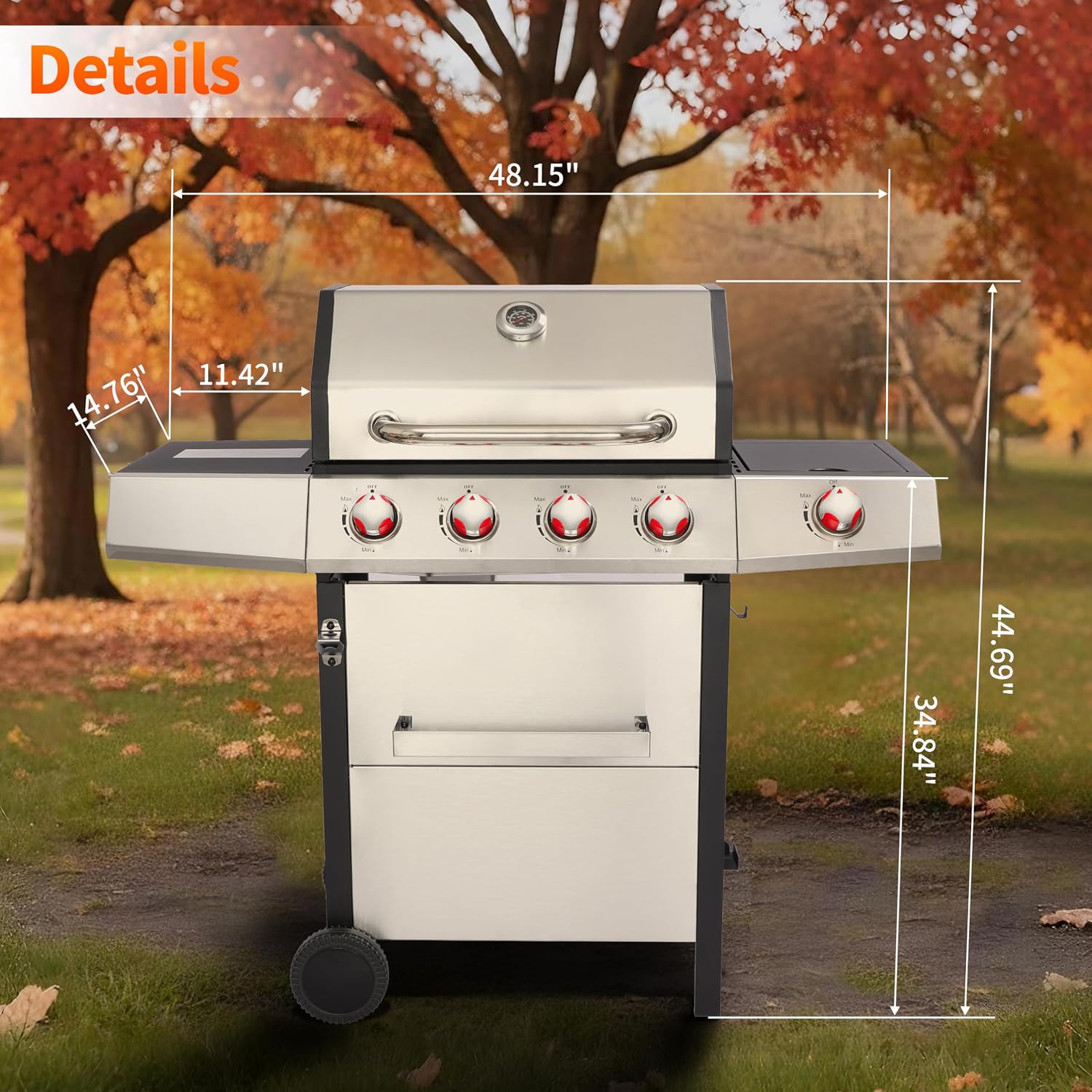 4-in-1 Propane & Charcoal Grill Combo, 4-Burner Gas Griddle with Side Burner, Cast Iron Grates, Outdoor BBQ for Patio & Backyard