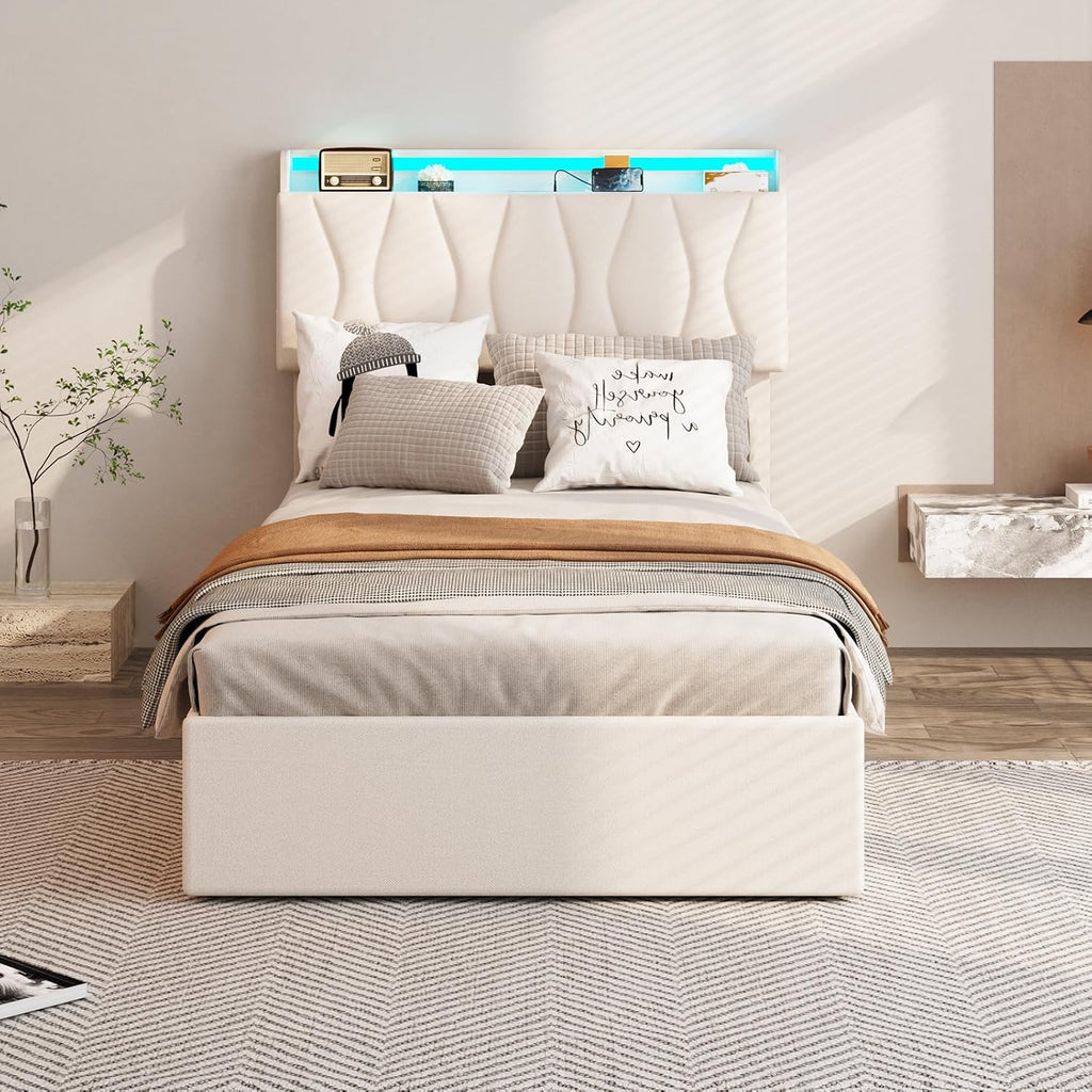 Fameill Twin Size Lift Up Storage Bed Frame with Adjustable Headboard, Charging Station, LED Lights, Wood Slats, Noise-Free, No Box Spring Needed, Beige