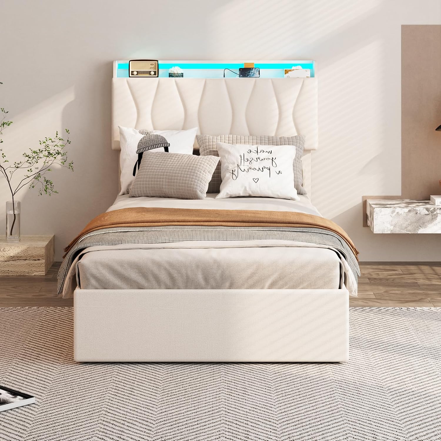 Fameill Twin Size Lift Up Storage Bed Frame with Adjustable Headboard, Charging Station, LED Lights, Wood Slats, Noise-Free, No Box Spring Needed, Beige