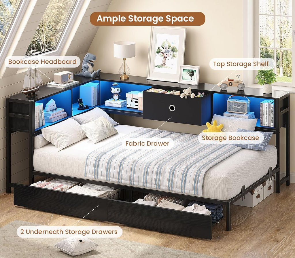 Hasuit Twin Corner Bed Frame with Storage Drawers and Bookcase Headboard, Twin Size Metal Platform Corner Bed Frame with Charging Station and LED Lights, Twin Daybed for Kids Teens Guests, Black