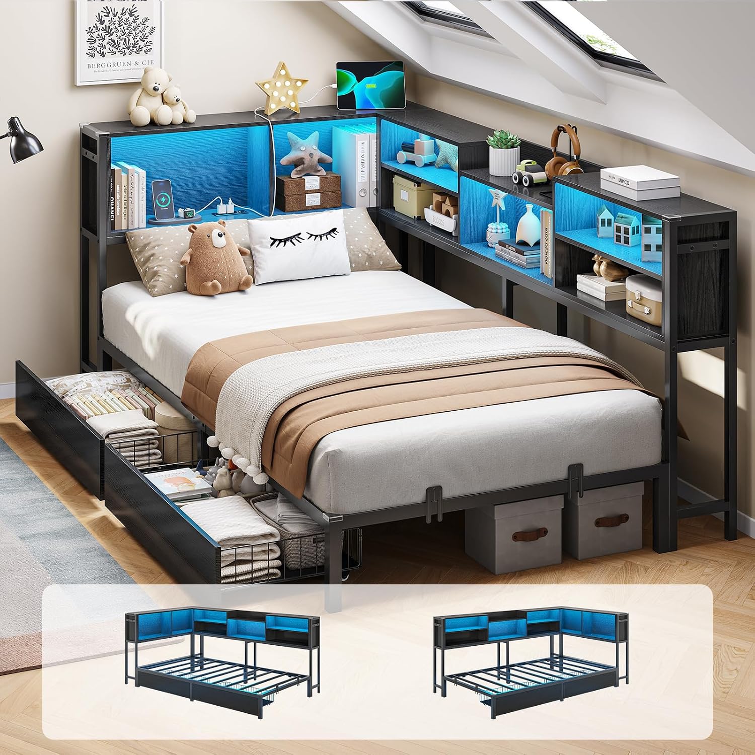DICTAC Twin XL Corner Bed Frame with Bookcase Storage and Led Lights Metal Platform Bed Frame with 2 Drawers & Charging Station Twin XL Daybed for Kids/Teen with Storage,Kids Corner Bed Frame,Black