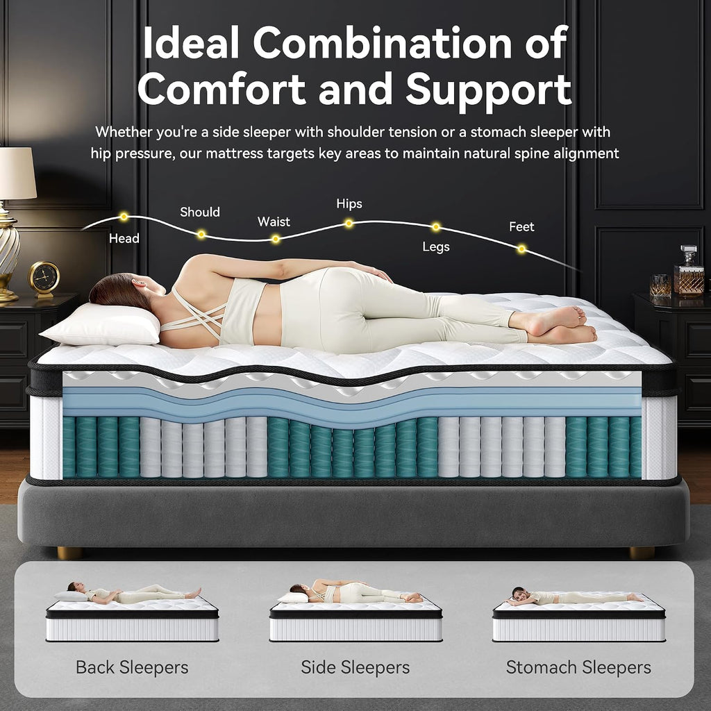 Queen Mattress, 12 Inch Mattress Queen Size in a Box with Memory Foam and Individual Pocket Springs for Motion Isolation, Pressure Relief, Medium Firm Feel, Cool&Comfortable Sleep, Breathable