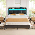 Rolanstar Bed Frame Full Size with Charging Station and LED Lights, Upholstered Storage Headboard with Drawers, Heavy Duty Metal Slats, No Box Spring Needed, Easy Assembly, Black