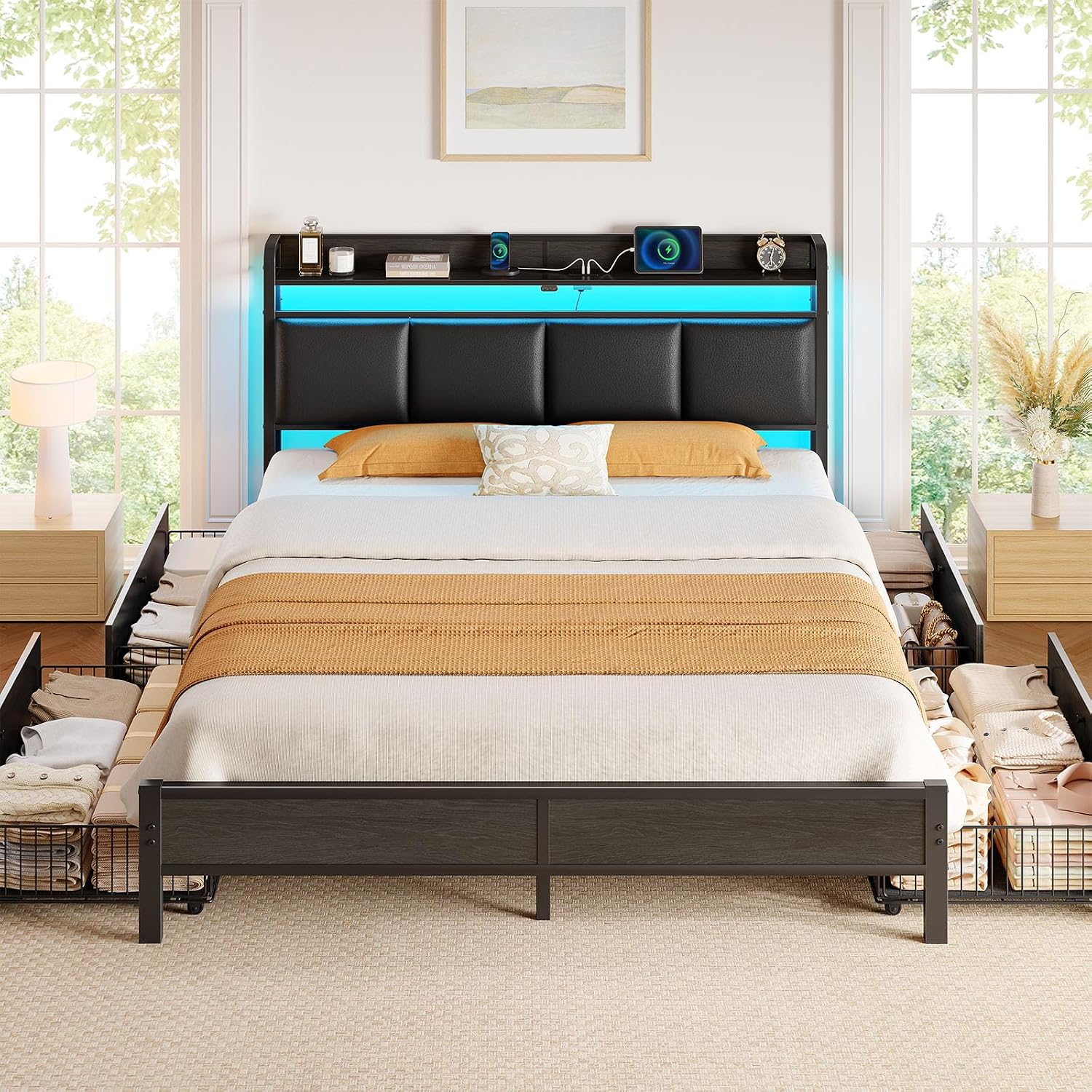 Rolanstar Bed Frame Full Size with Charging Station and LED Lights, Upholstered Storage Headboard with Drawers, Heavy Duty Metal Slats, No Box Spring Needed, Easy Assembly, Black