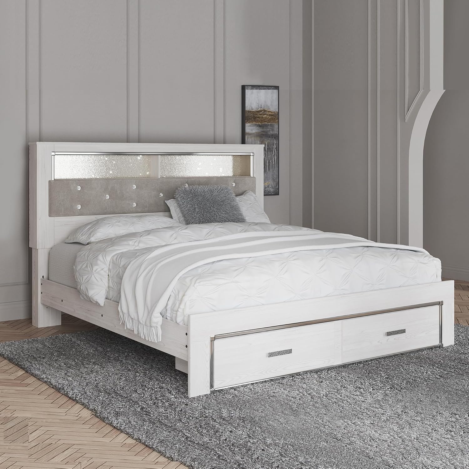 Signature Design by Ashley Altyra Contemporary Tufted King Upholstered Bookcase Platform Bed with LED Lights and 2 Drawers, Foundation or Box Spring Not Needed, White & Gray