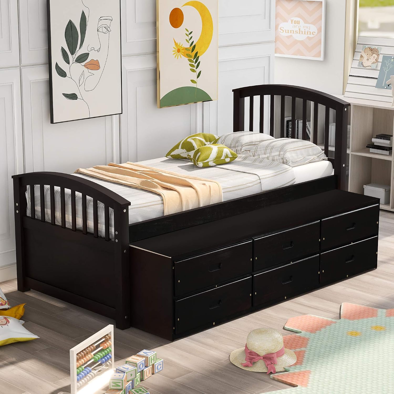 Merax Twin Size Platform Storage Bed Solid Wood Bed with 6 Drawers