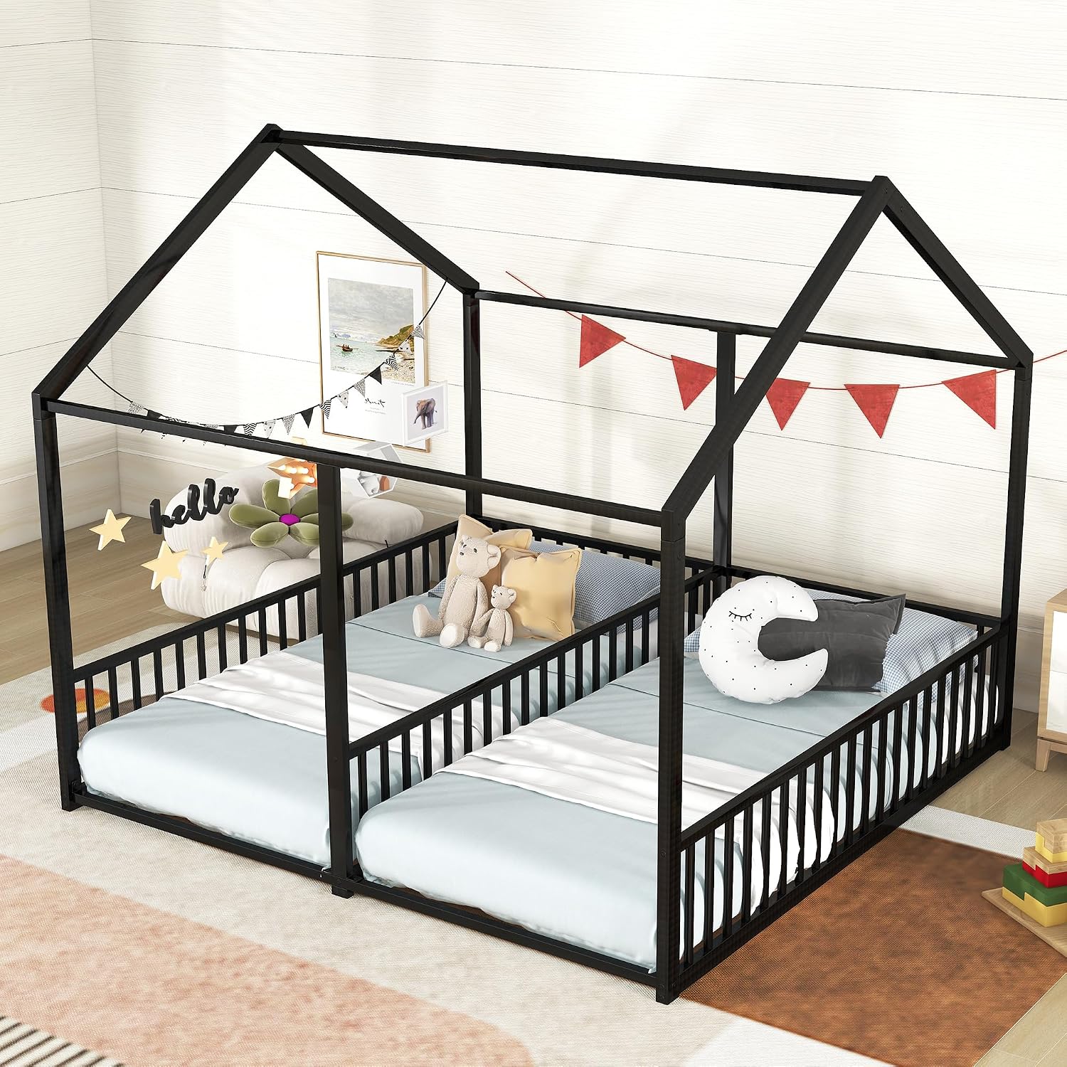 Double Floor Bed for Twins,Twin Size House Bed for 2 Kids,Two Shared Beds,Twin House Platform Beds,Metal Floor Bed Frame with Rails for Girls,Boys(Black)