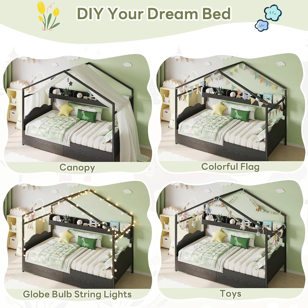 LIKIMIO Twin Bed Frame with 2 Storage Drawers, DIY House Bed with Bookshelf & Curved Headboard & Footboard, Twin Corner Bed Frames for Bedroom, No Box Spring Needed, Black