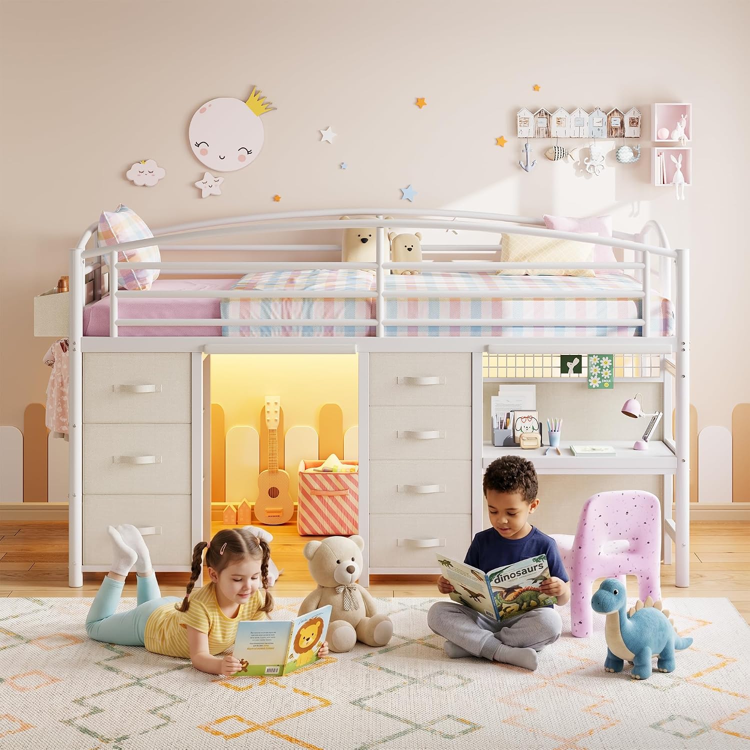 Low Loft Bed Twin Size with 7 Storage Drawers, Desk and LED Lights, Heavy Duty Metal Kids Loft Bed with 12' H Safety Guardrail, Anti-Collision Pad, Private Play Curtain, Under-Bed Play Space - White