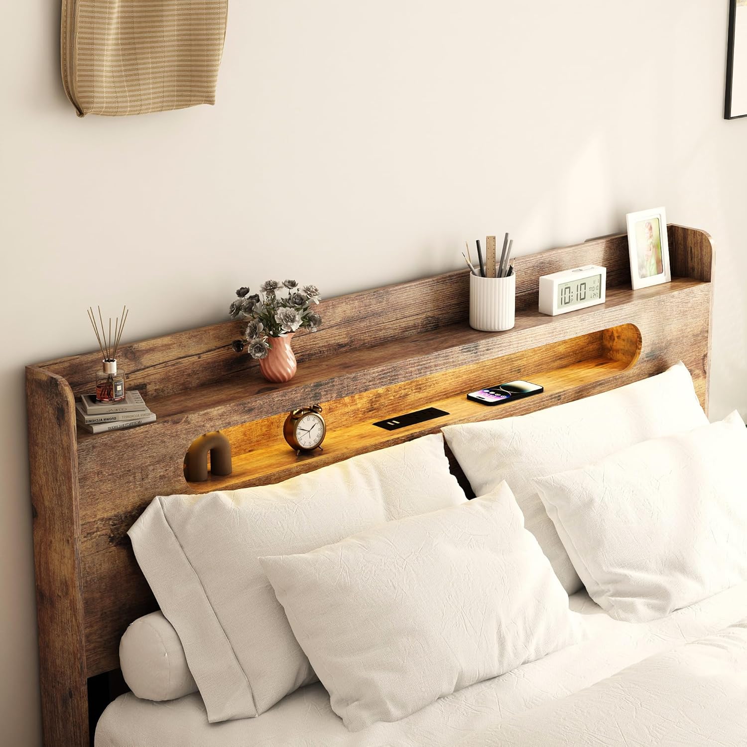 Bellemave Rustic Vintage Full Size Bed Frame with Storage Headboard and Charging Station,Wooden Platform Bed Frame Full Size with LED Lights and Wood Slats,Easy Assembly,Dark Brown