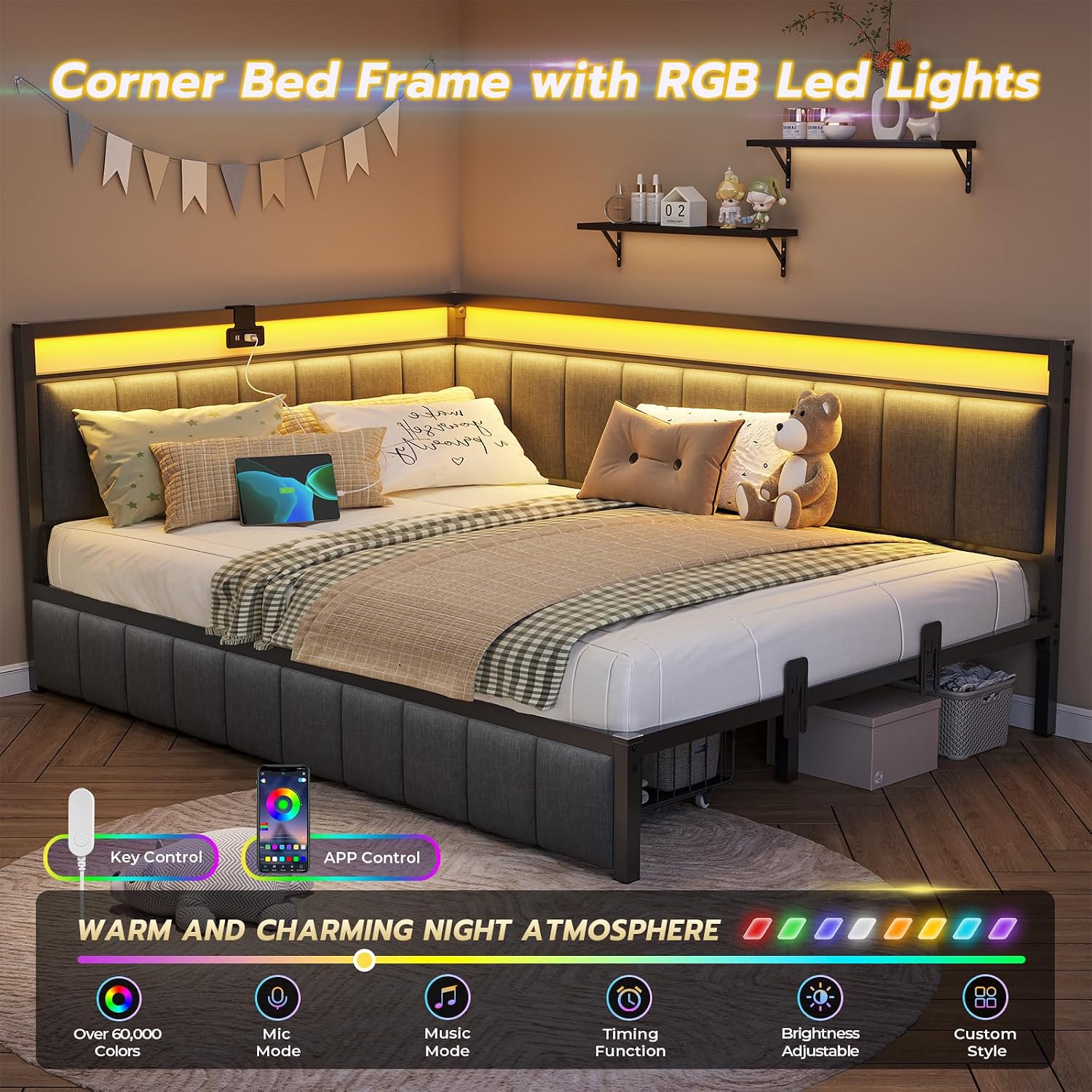 DICTAC Corner Full Bed Frame with 2 Storage Drawers and Charging Station Full Size Platform Bed Frame with Led Lights and Upholstered Guardrail Full Size Daybed for Teen/Adult with Storage,Gray