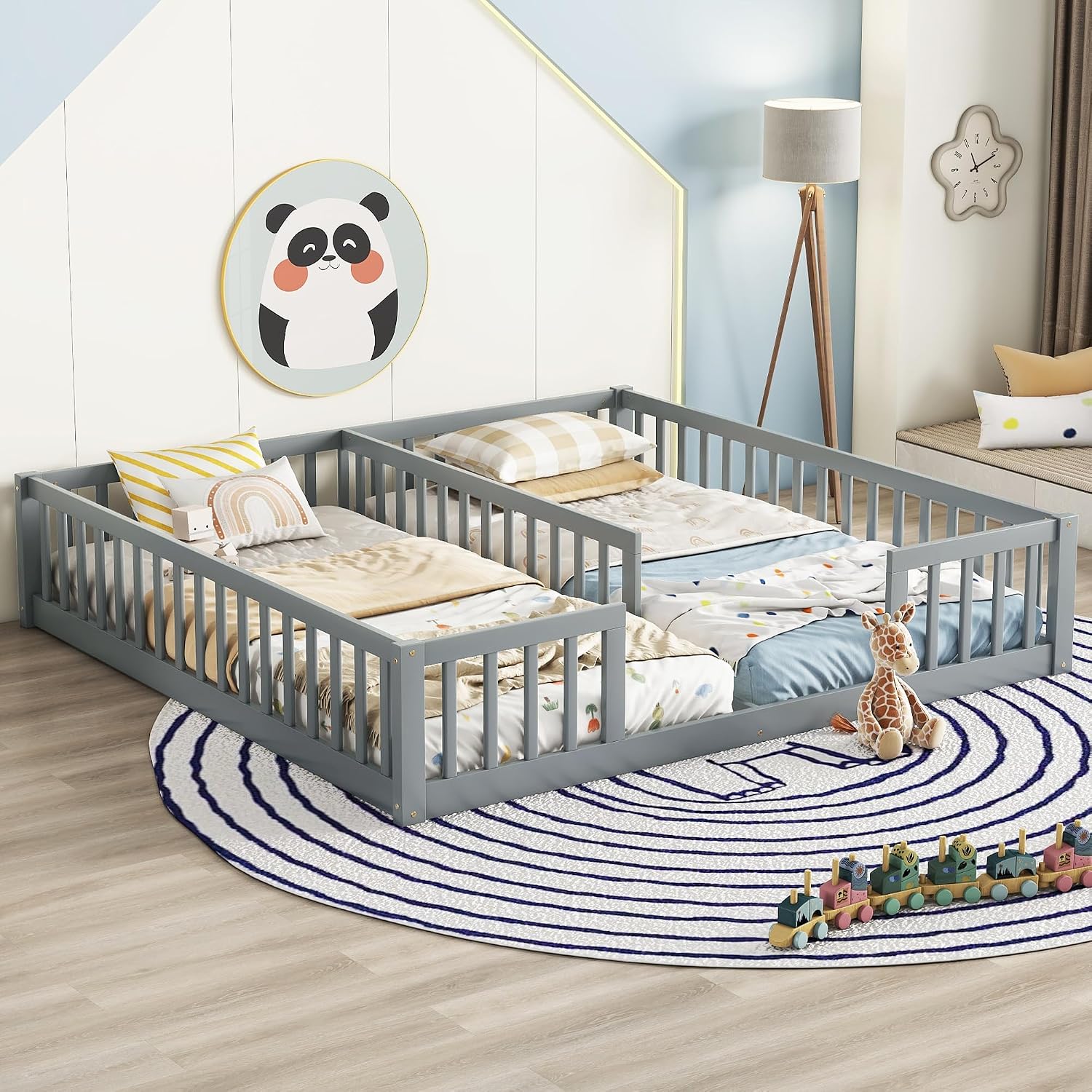 Double Floor Bed for Twins,Two Shared Beds,Twin Size Floor Bed for 2 Kids,Double Twin Bed with Guardrails for Girls,Boys,Gray