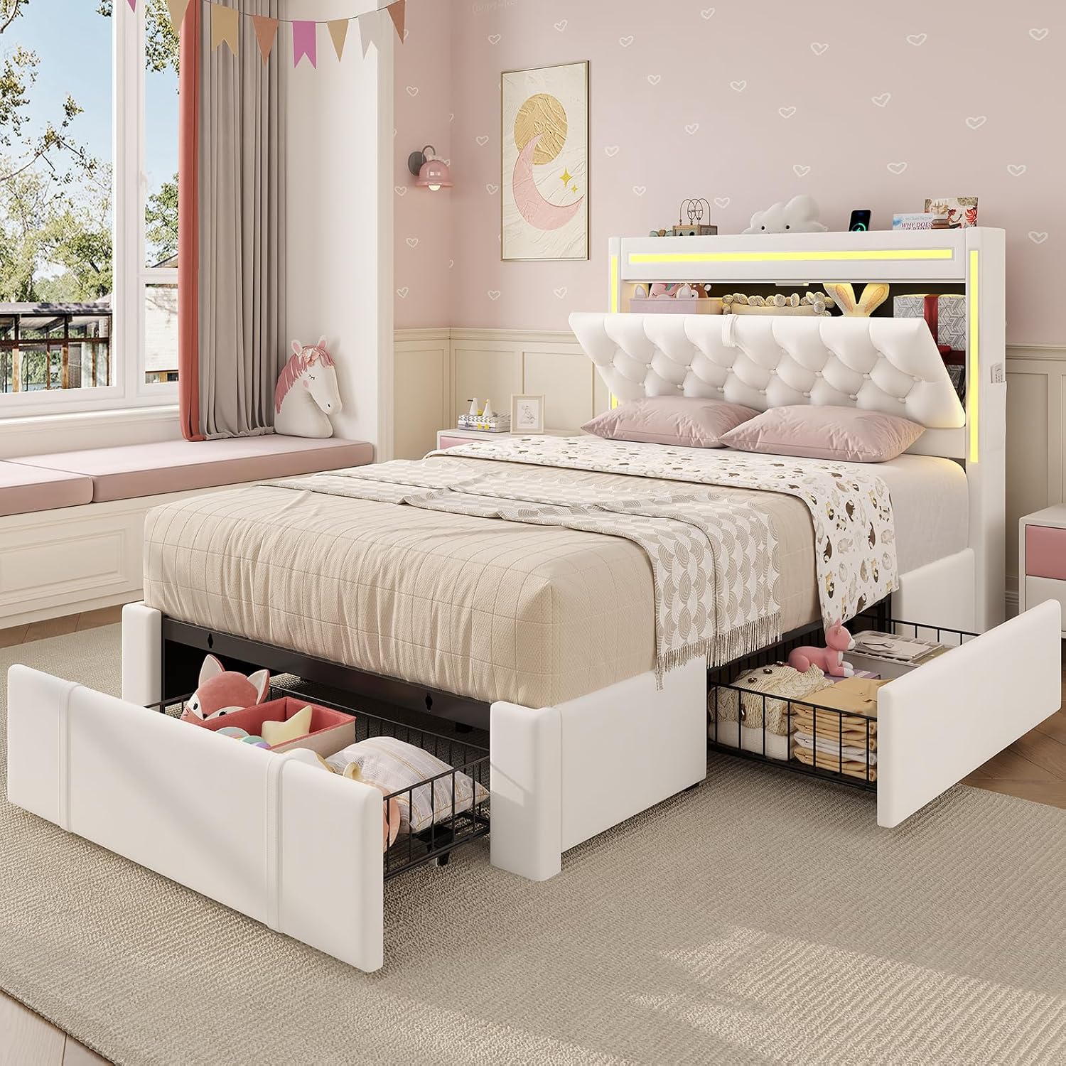 BTHFST Twin Upholstered LED Bed Frame with 3 Drawers, Velvet Hidden Storage Headboard with Charging Station, Button Tufted Headboard Princess Girl Twin Bed, No Box Spring Needed, Beige