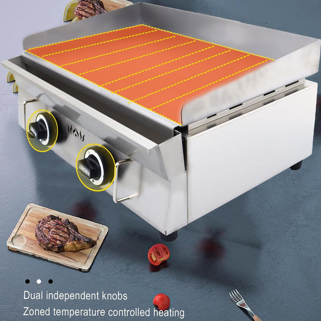 LPG Gas Grill Griddle 2 Burners Camp Countertop Stainless Steel Flat Cooking Grill 2800Pa Hot Plate Stove Outdoor Kitchen Pancakes Maker Machine with Adjustable Temperature Control