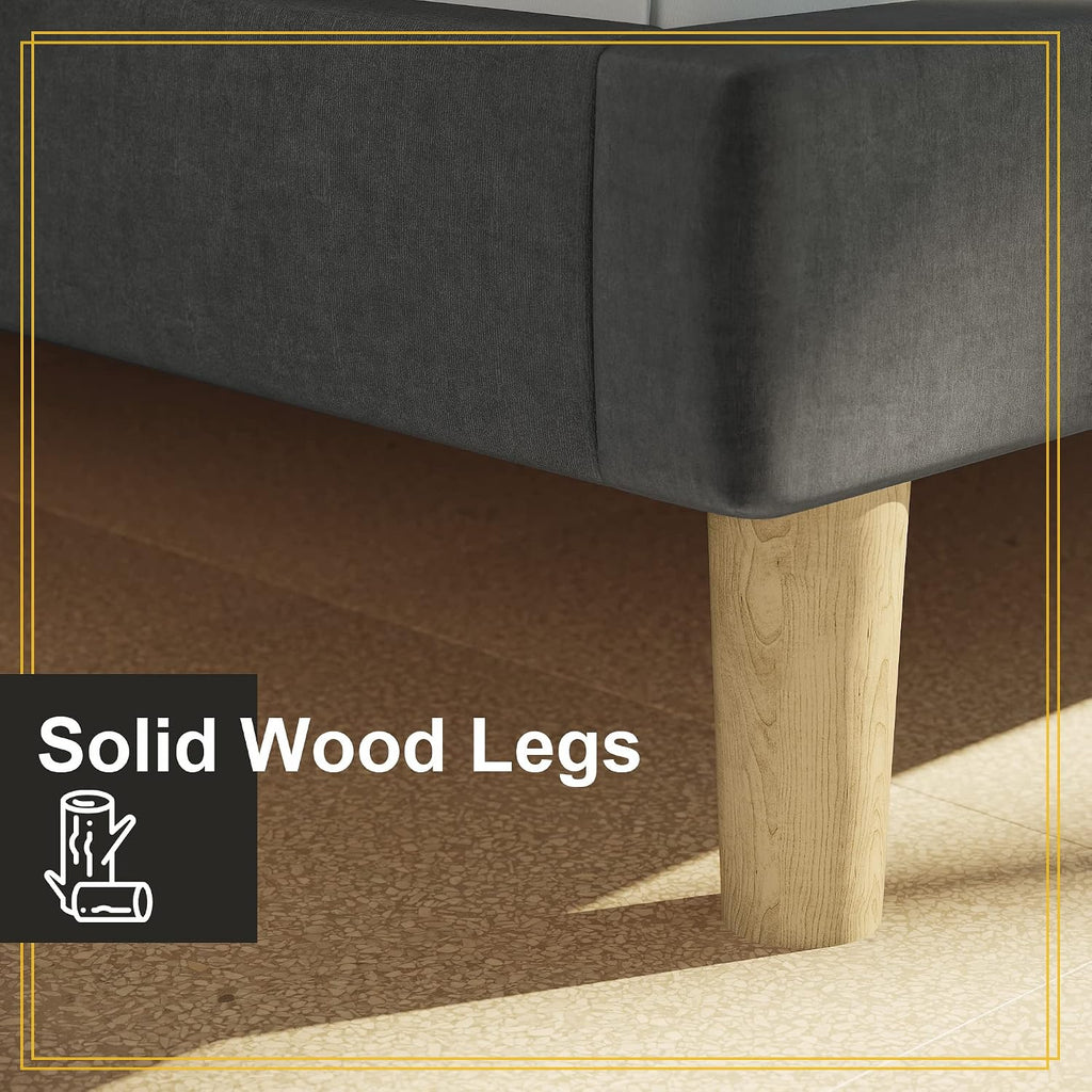 LIKIMIO Twin Bed Frames, Velvet Upholstered Platform Bed Frame with Headboard and Strong Wooden Slats, No Box Spring Needed/Noise-Free/Easy Assembly, Grey