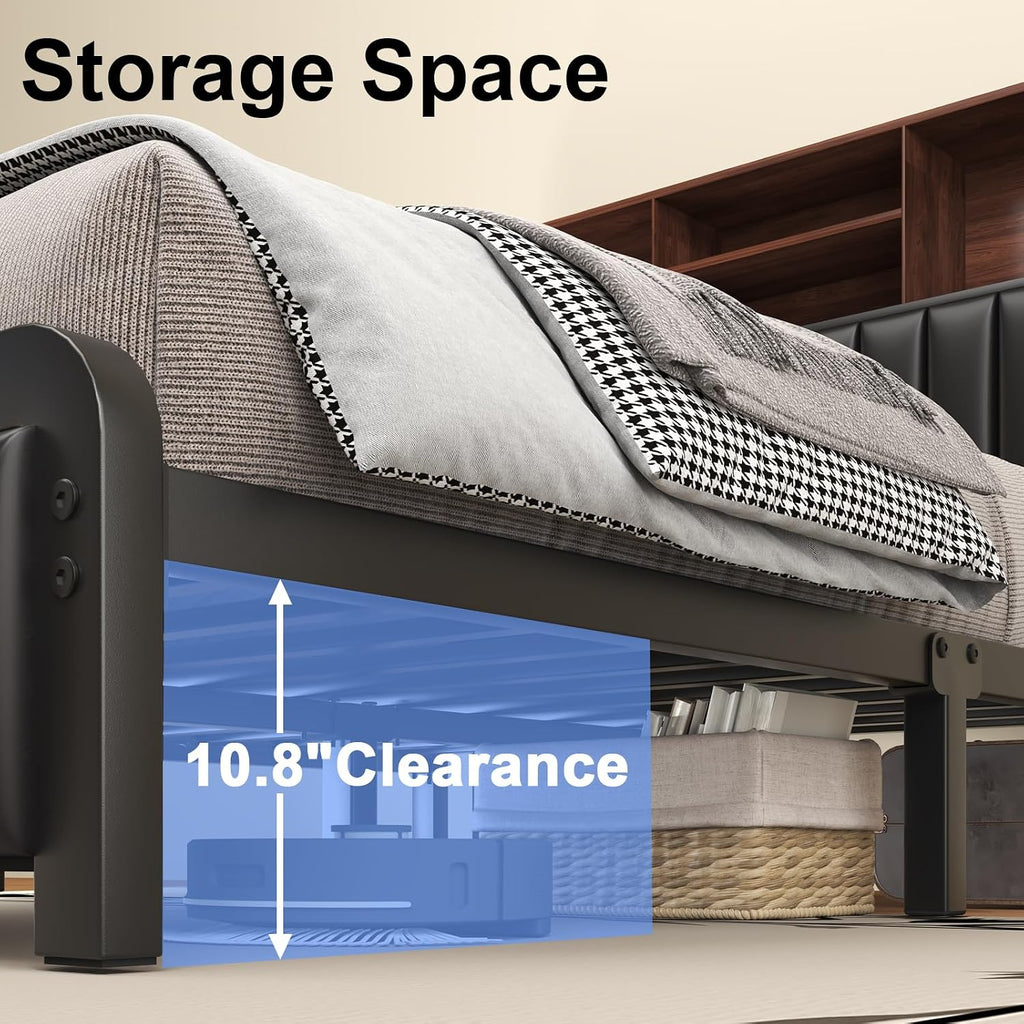 LOEWAY Full Size Bed Frame 54.3' Tall with 3-Tier Storage Headboard and PU Leather, Metal Platform Bed Frame with LED Lights and Charging Station, Noise-Free, No Box Spring Needed, Black