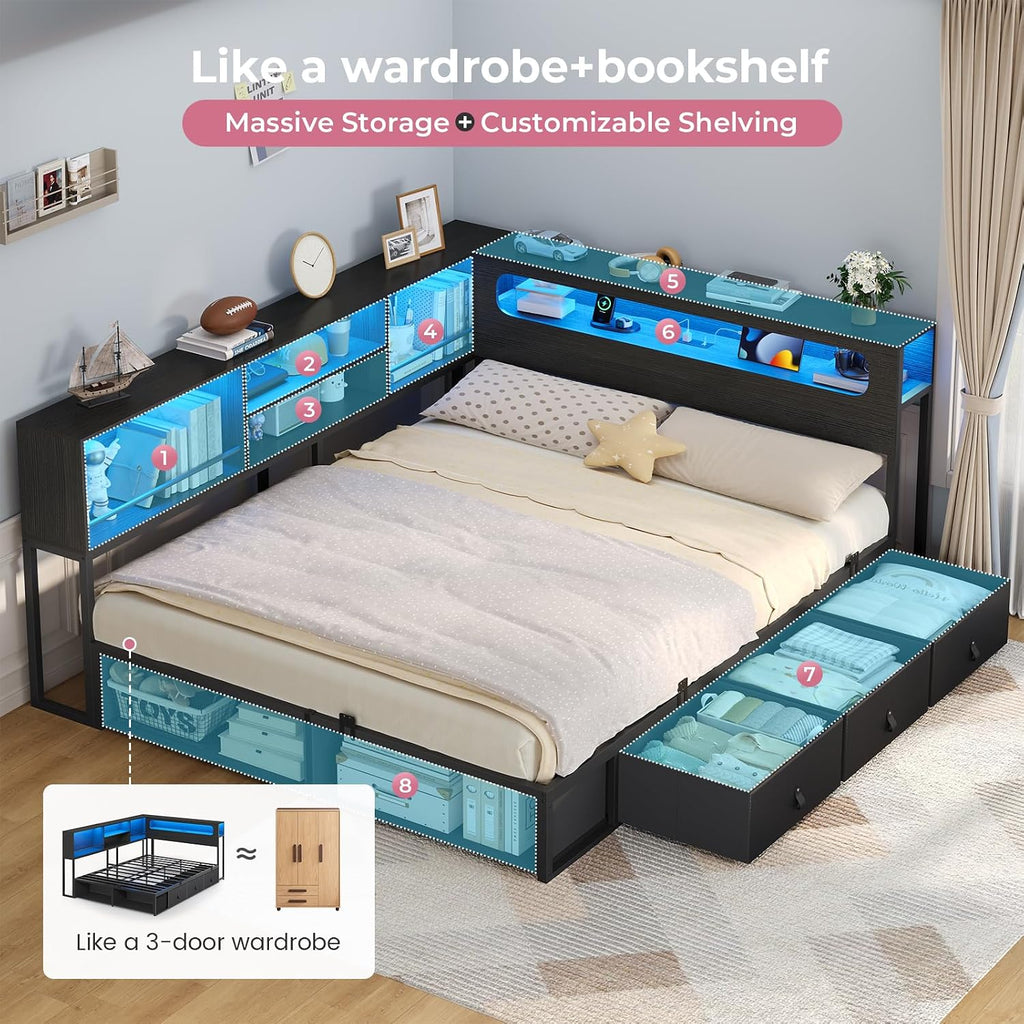 ADORNEVE Corner Bed Frame Full Size with Storage Bookcase & RGB Lights, Power Outlet, Metal Daybed with 3 Drawers & 2 Open Cubbies, for Teens, Small Space, Black