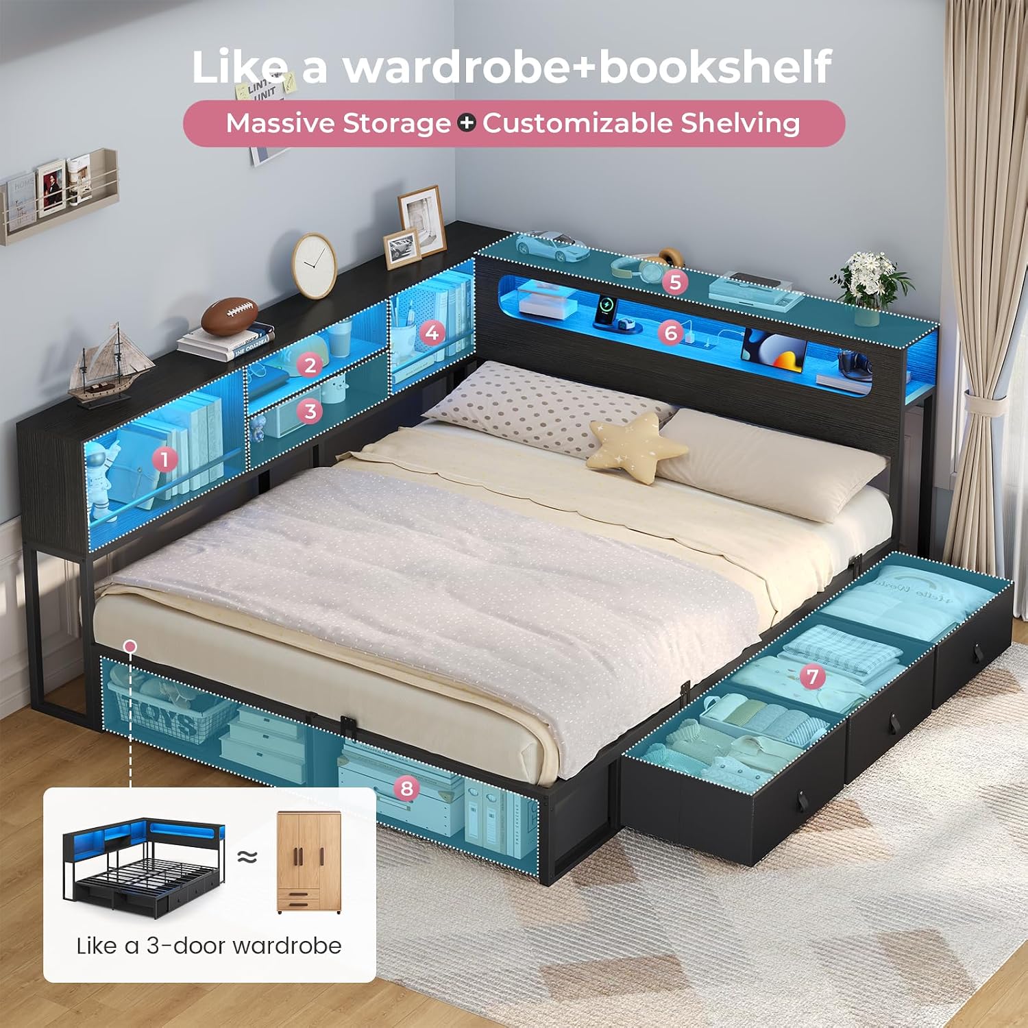 ADORNEVE Corner Bed Frame Full Size with Storage Bookcase & RGB Lights, Power Outlet, Metal Daybed with 3 Drawers & 2 Open Cubbies, for Teens, Small Space, Black