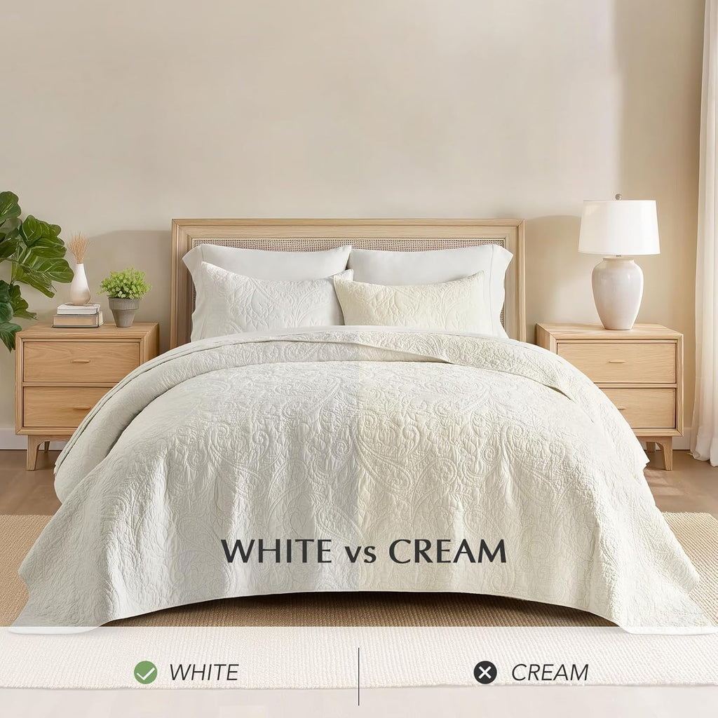 EVERGRACE 100% Cotton Paisley Quilt Set, King Size 3 Piece Set – Prewashed Lightweight Bedspread with 2 Shams, Soft & Breathable Matelasse-Style Quilted Coverlet for All-Season Comfort, Bright White