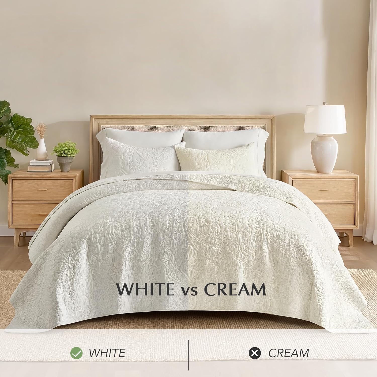 EVERGRACE 100% Cotton Paisley Quilt Set, King Size 3 Piece Set – Prewashed Lightweight Bedspread with 2 Shams, Soft & Breathable Matelasse-Style Quilted Coverlet for All-Season Comfort, Bright White