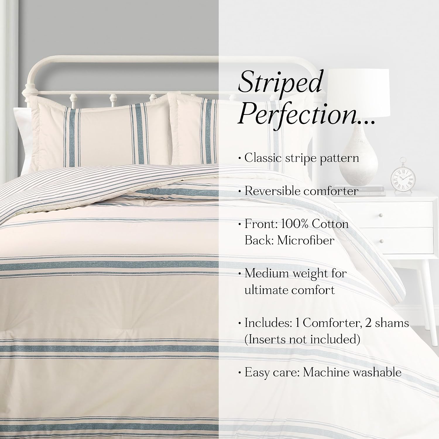 Lush Decor Farmhouse Stripe Reversible Cotton Comforter Set, 3 Piece Set, Full/ Queen, Blue - Cozy F𝐚rmhouse Bedding Set - Rustic Decor - Striped Comforter - Modern Farmho𝐮se Bedroom Decor