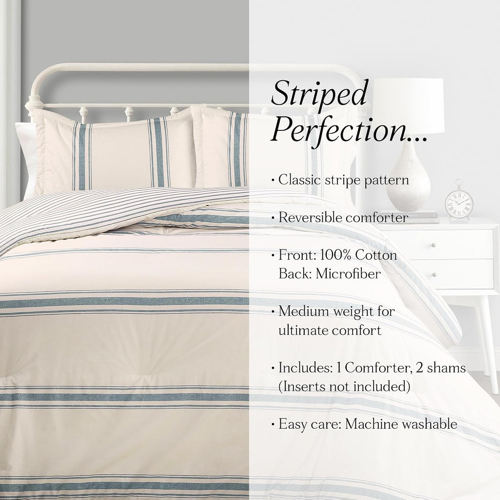 Lush Decor Farmhouse King Size Comforter Set, Reversible Cotton, 3 Piece Set, California King, Blue - Cozy Bedding - Rustic Decor - Modern Farmhouse Bedroom Decor