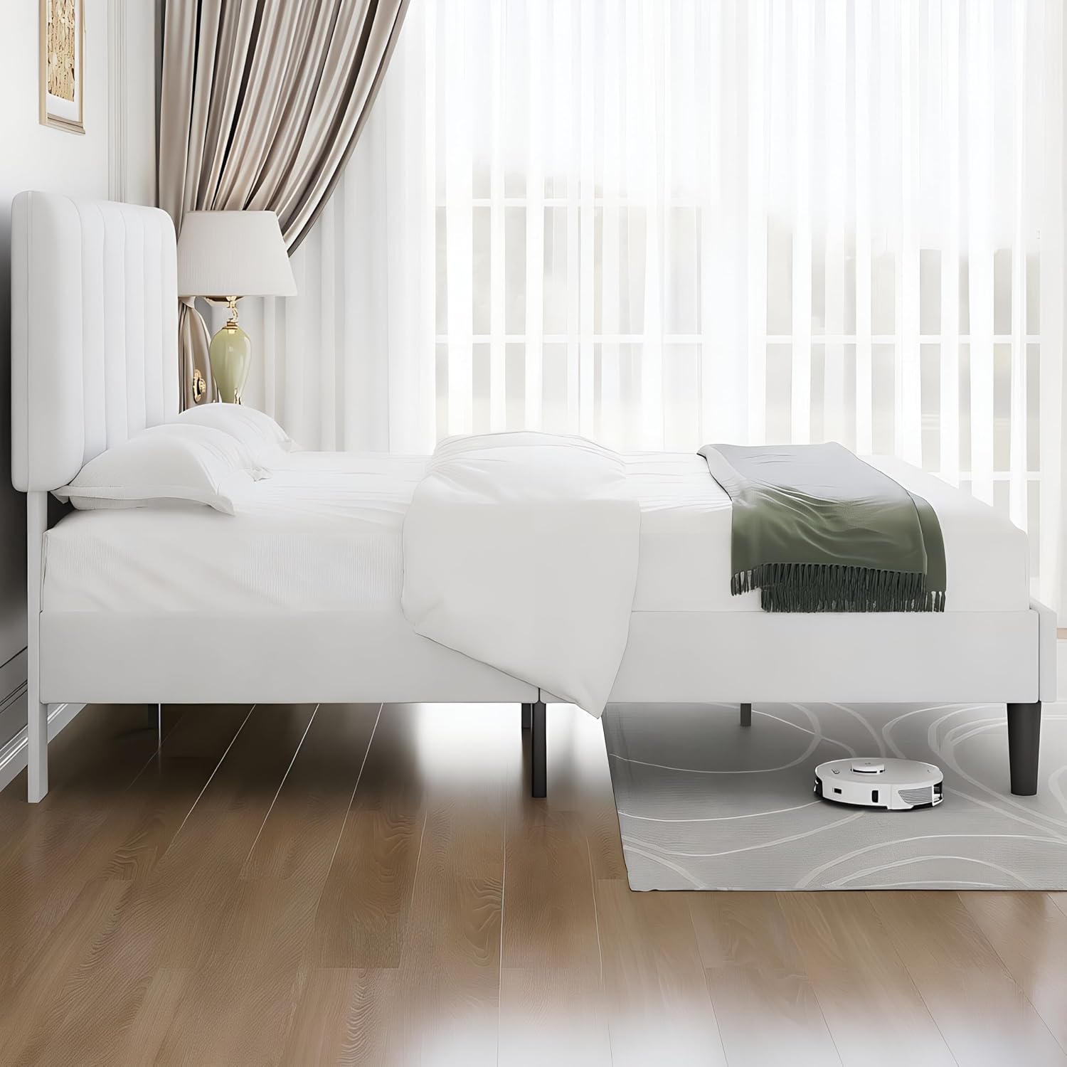 VECELO Queen Size Bed Frame with Upholstered Headboard, Heavy-Duty Bedframe with Wooden Slats & Steel Framework, Easy Assembly, Pure White