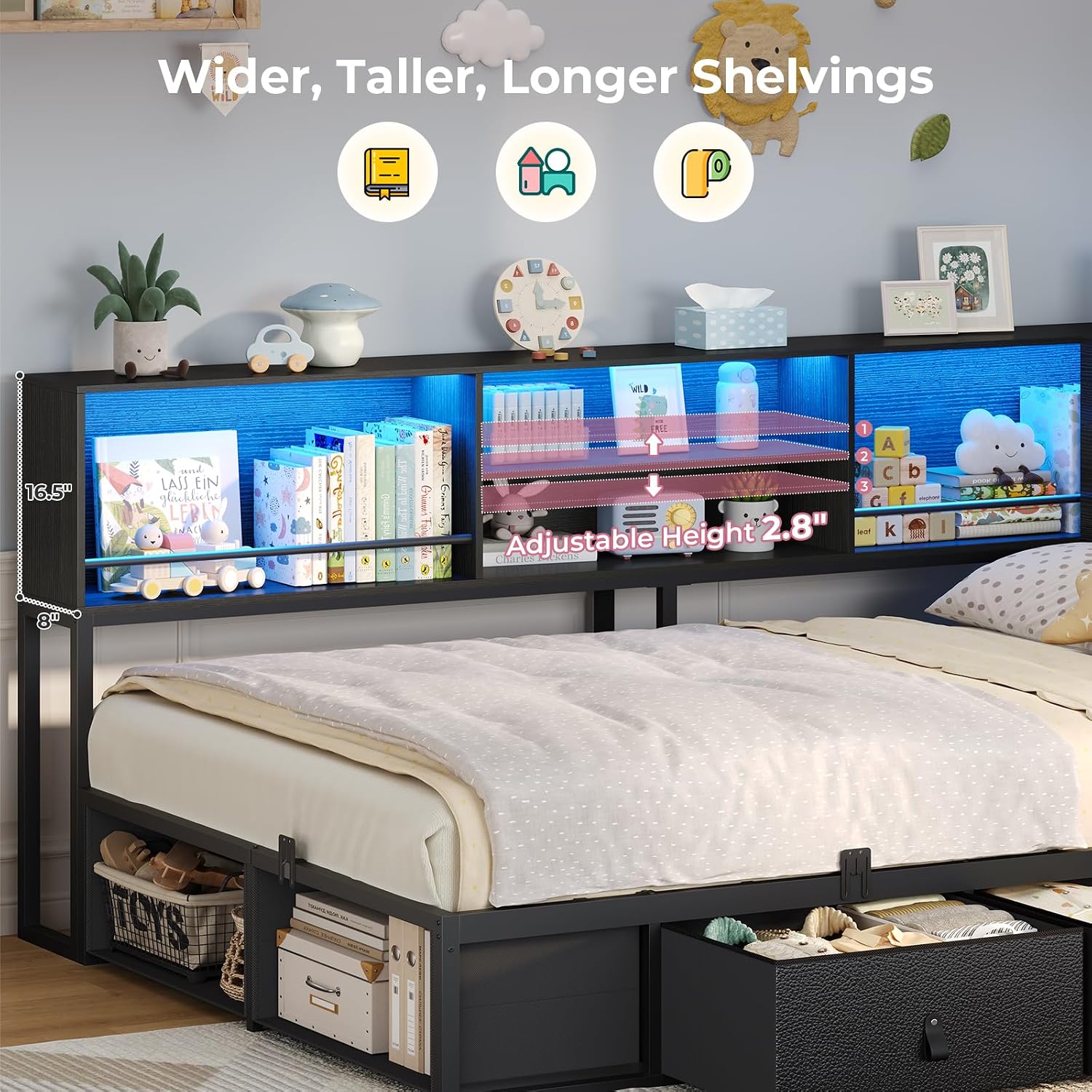 ADORNEVE Twin Corner Bed Frame with Storage Bookcase & LED Light Headboard, Charging Station, Metal Daybed with 3 Drawers & 2 Open Cubbies, for Small Bedrooms, Black