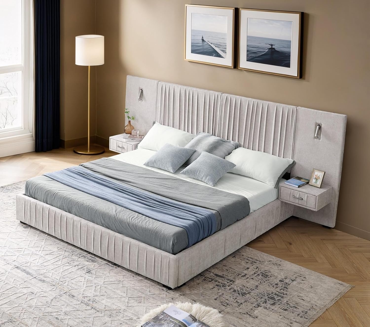 KEIKI Queen Size Chenille Bed Frame with 2 Nightstands, Lamps & Oversize Headboard, Solid Wood Frame Platform Night Stand Bedroom Set, Upholstered Floor Grounded Bed, No Box Spring Needed, Beige