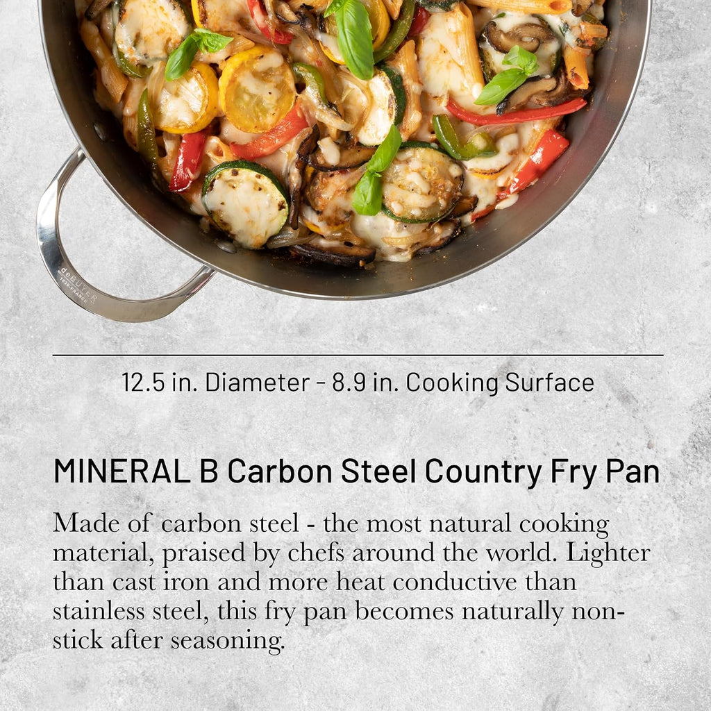 de Buyer MINERAL B Carbon Steel Country Fry Pan - 12.5' Diameter, 8.9' Cooking Surface - Ideal for Sauteing, Simmering, Deep & Stir Frying, One-Pan Meals - Naturally Non-Stick Finish - Made in France