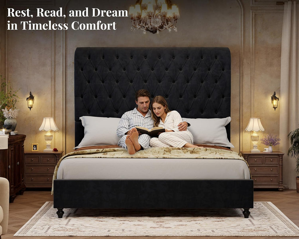 Jocisland King Size Bed Frame with 59' Tall Upholstered Headboard, Luxury Velvet Bed with Handcrafted Deep-Tufted Design and Solid Wood Legs, Noise-Free, No Box Spring Needed,Black