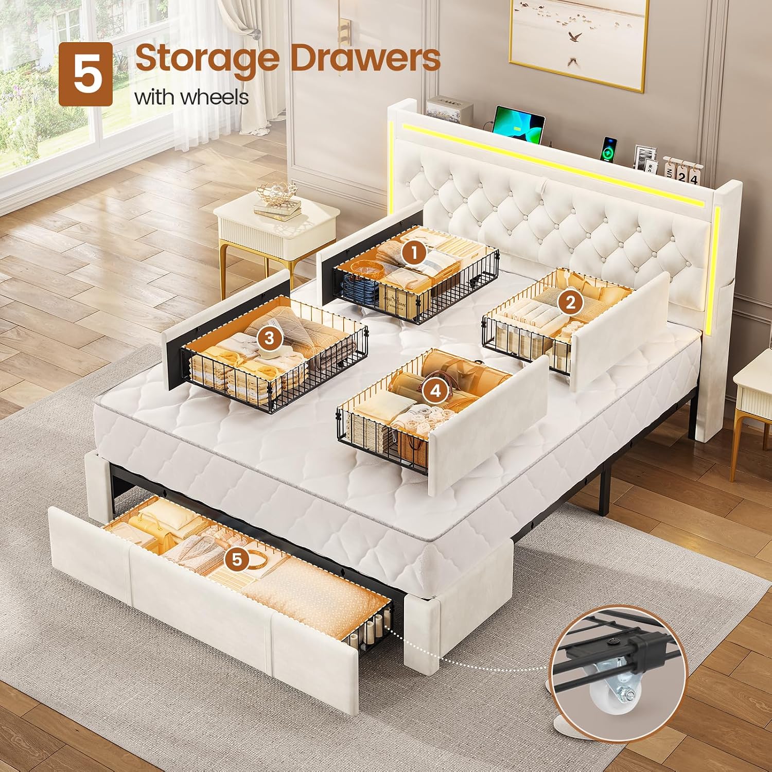 BTHFST Upholstered LED Bed Frame Queen Size with 5 Storage Drawers, Hidden Storage Headboard with Charging Station, Velvet Button Tufted Headboard Platform Bed, Beige