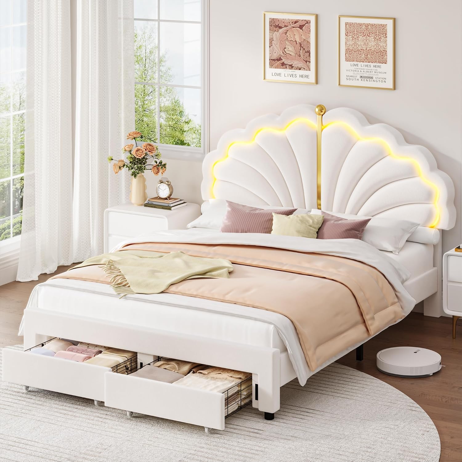 Keyluv Full Princess Bed Frame with Storage Drawers, Soft Velvet Upholstered LED Platform Bed with Adjustable Modern Shell Headboard, No Box Spring Needed, Noise-Free, Beige
