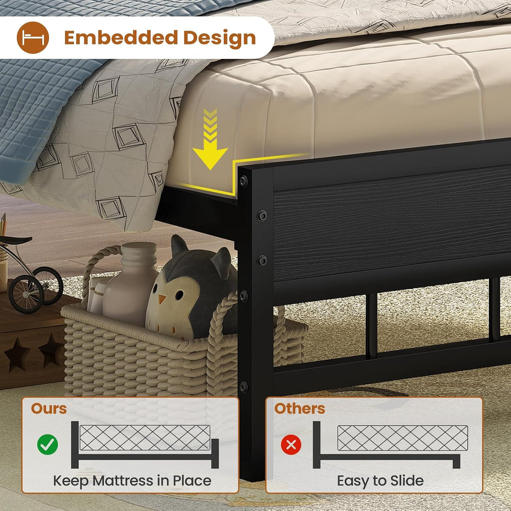 BTHFST Twin Bed Frames with Headboard & Charging Station, LED Bed Frame Twin with 5 Storage Shelves & Under Bed Storage, Platform Bed Frames for Kids, No Box Spring Needed, Black