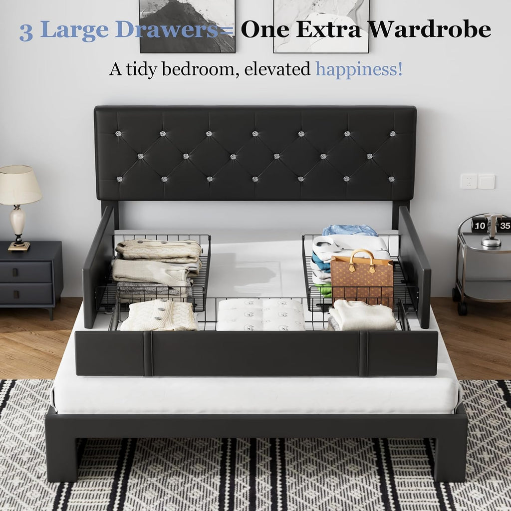 VECELO Full Size Bed Frame with 3 Storage Drawers, Leather Upholstered with Diamond Tufted Headboard, Solid Wood Slat Support & Steel Framework, Black