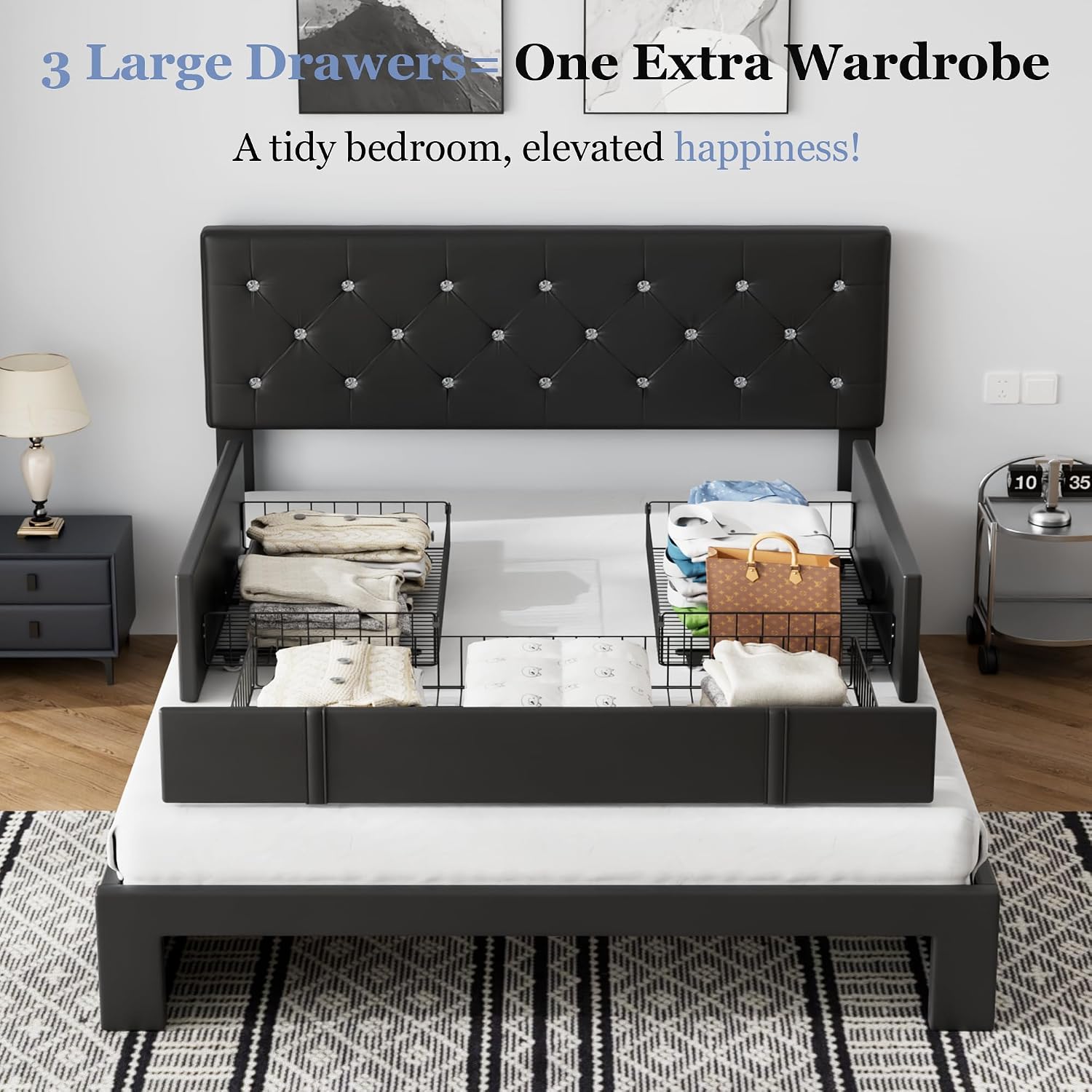 VECELO Full Size Bed Frame with 3 Storage Drawers, Leather Upholstered with Diamond Tufted Headboard, Solid Wood Slat Support & Steel Framework, Black