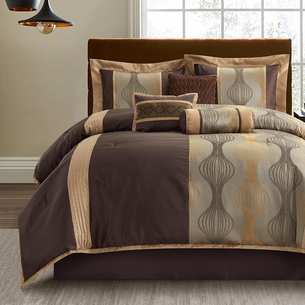 LANCO MODERN LIFESTYLE Full Comforter Set, Brown, 7 Pieces Bed in a Bag, Ultra Soft Jacquard with Solid Piecework, Luxury Bed Set with Comforters, Bed Skirt, Pillow Shams and Decorative Pillows