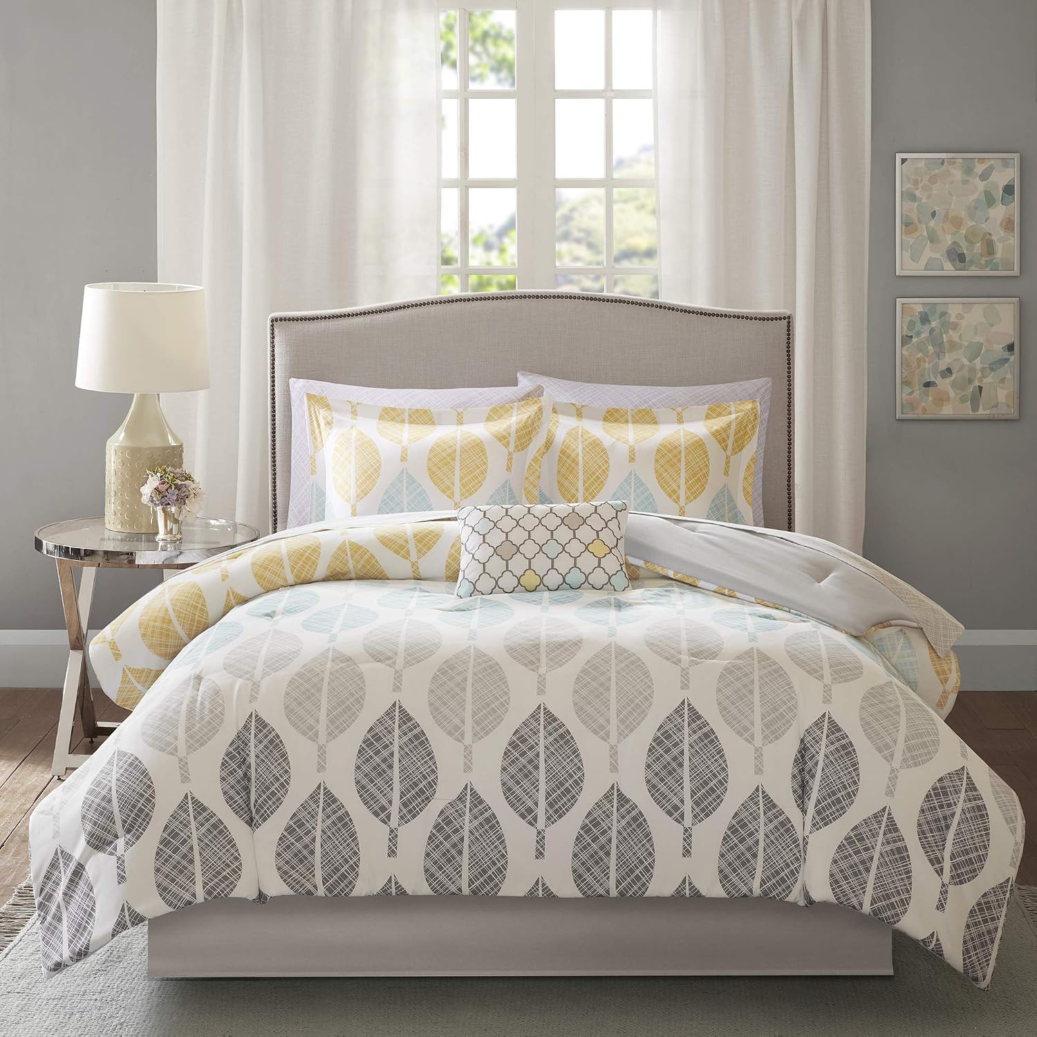 Madison Park Essentials Bed in a Bag Comforter, Vibrant Color Design All Season Down Alternative Cover with Complete Cotton Sheet Set, Twin(68'x86'), Central Park, Leaf Yellow/Aqua