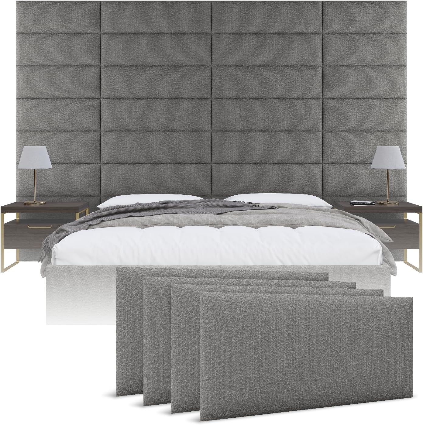 Vänt Upholstered Wall Panels - Queen/Full Size Wall Mounted Headboards - Boucle Grey - Set of 4 Panels (Each Individual Panel 30'x11.5')