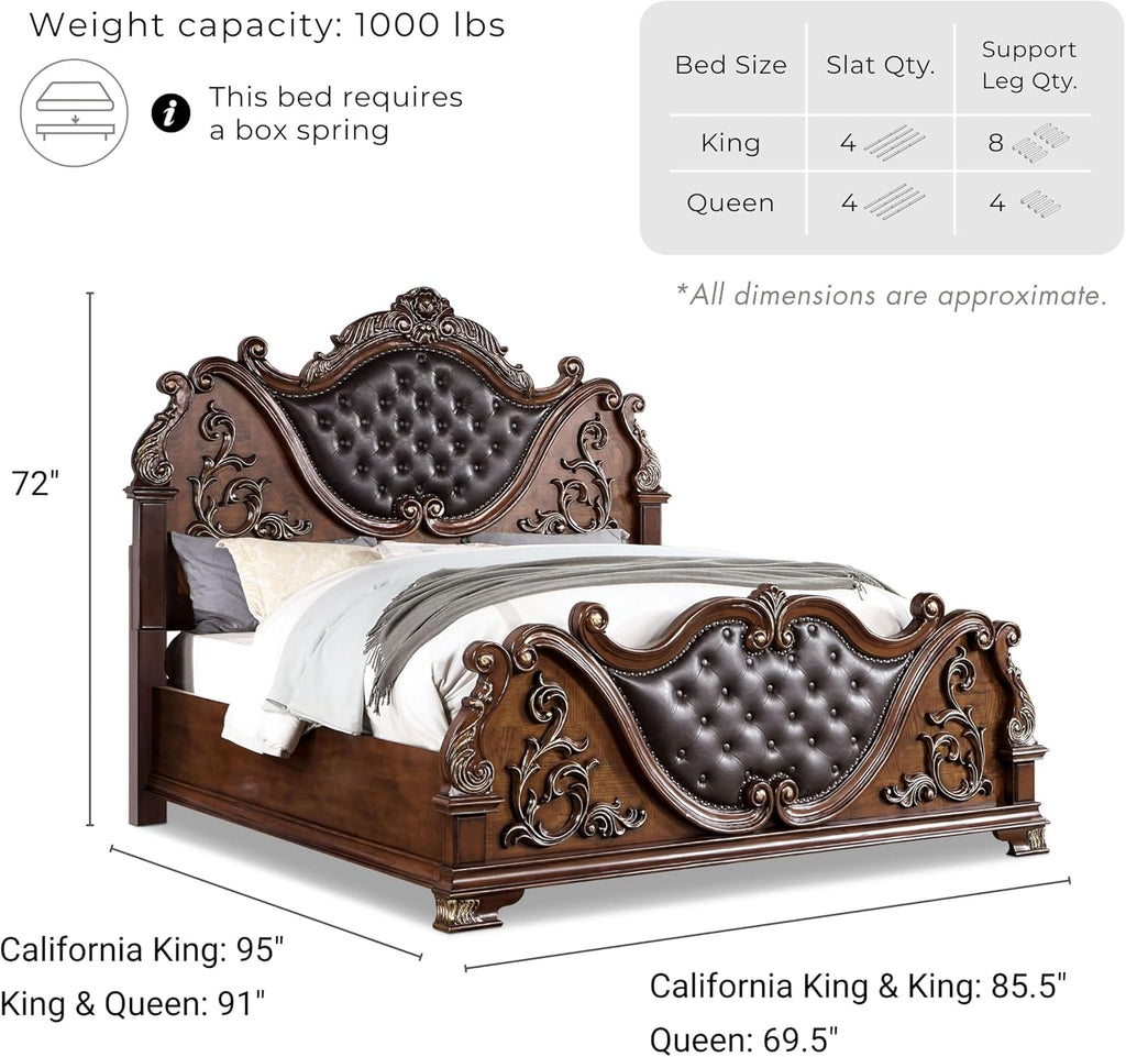 Furniture of America Clairibel Wood 3-Piece Bedroom Set, Queen-Size Bed with Button-Tufted Headboard, Marble Top Nightstand & Dovetail Drawers, Box Spring Required, Brown Cherry