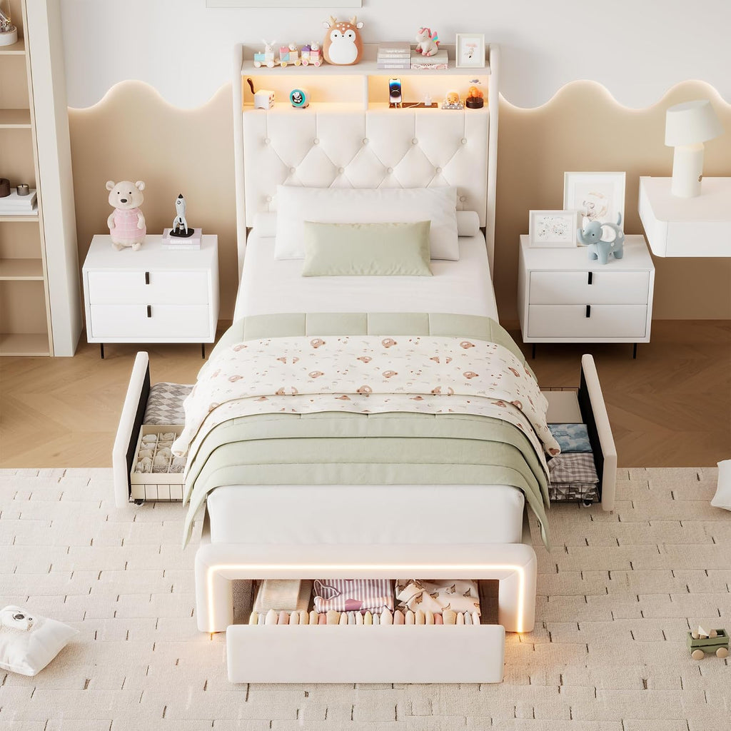 Twin LED Bed Frame with Storage Headboard & Charging Station, Velvet Fabric Platform Bed Frames with 3 Drawers, Button Tufted Upholstered, No Box Spring Needed, Noise Free, Beige