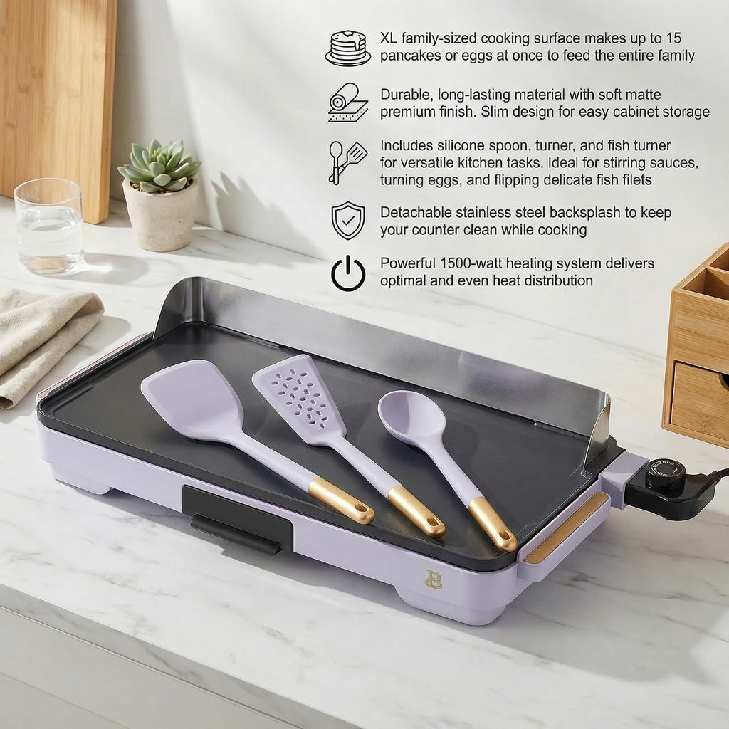 XL Electric Griddle 12' x 22' with Ceramic Nonstick Coating and Removable Heat Control with 3-Piece Silicone Spoon, Lavender Flat Top Electric Grill with Drip Tray and Backsplash