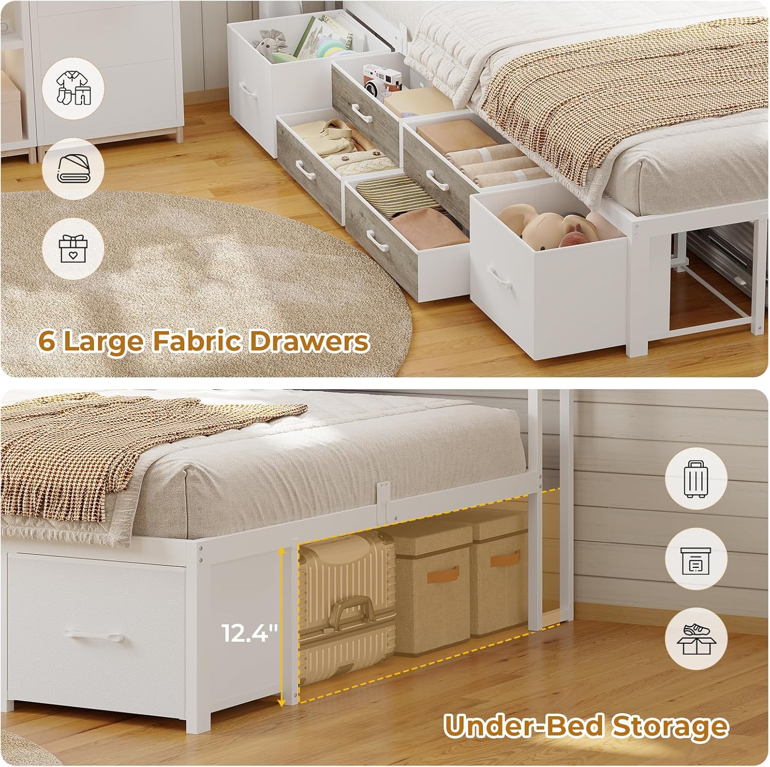 MSmask 14 Inch Corner Bed Frame with Bookcase Storage, Twin Daybed with 6 Drawers, Charging Station and LED Light, Twin Size Metal Platform Bed Frame for Kids Teenagers, White & Oak Grey