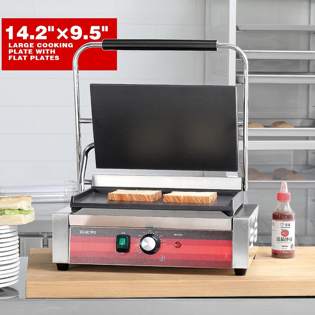 EGGKITPO Commercial Electric Panini Grill with Flat Plates Stainless Steel Sandwich Maker 14'× 9.5' Cast Iron Enamel Plate Countertop Panini Press with Temperature Control for Business 110V 1700W