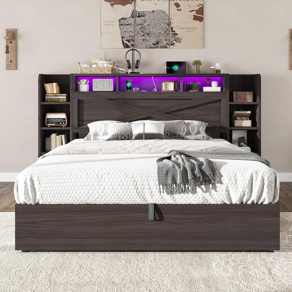 AMERLIFE Full Size Lift Up Storage Bed Frame, 45.1' LED Bed Frame with 2 Side Shelf & Bookcase Headboard, Farmhouse Wood Platform Bed with Charging Station, No Box Spring Needed, Black