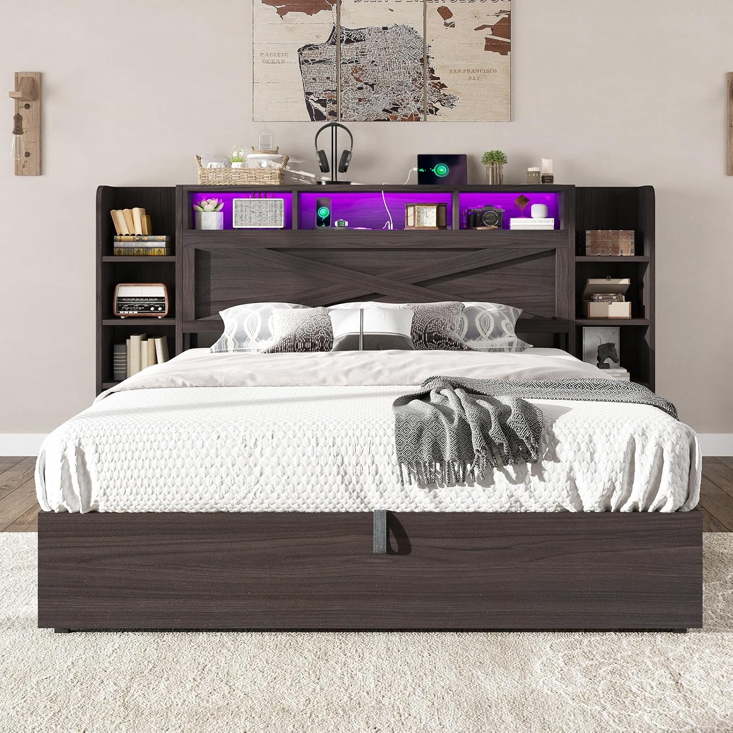 AMERLIFE Full Size Lift Up Storage Bed Frame, 45.1' LED Bed Frame with 2 Side Shelf & Bookcase Headboard, Farmhouse Wood Platform Bed with Charging Station, No Box Spring Needed, Black