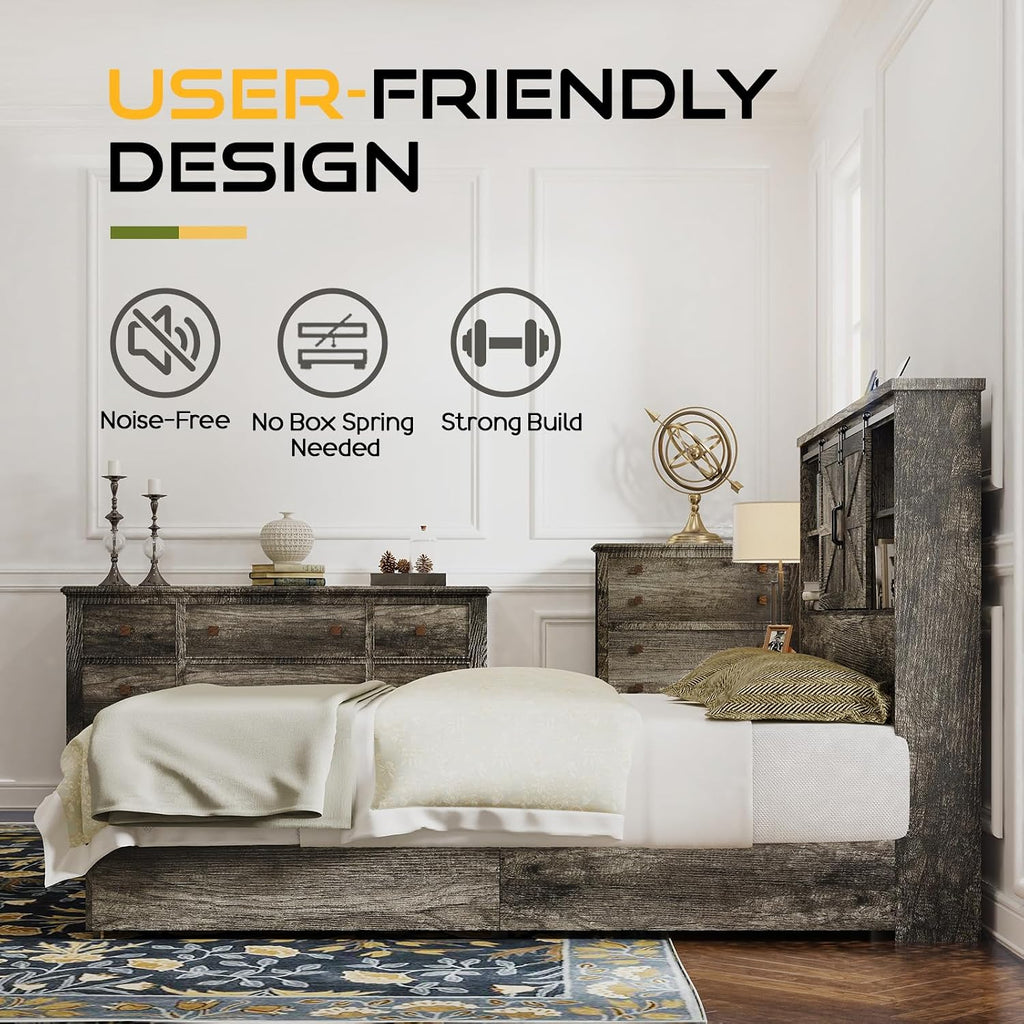 HOWE Farmhouse Full Size Bed Frame with 51.2' Bookcase Headboard, Wooden Platform Bed with 2 Drawers, Sliding Barn Door Dec, Storage Bed with Charging Station, No Box Spring Needed, Rustic Grey