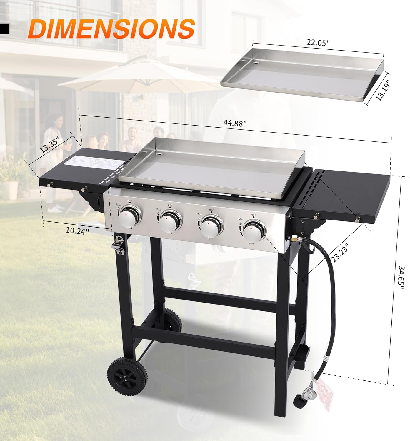 4 Burner Propane Flat Top Grill, 22 Inch Stainless Steel Griddle with Detachable Tabletop & Cart, Portable BBQ Cooker with Side Shelf & 2 Wheels, Dust Cover & Hose for Camping Tailgating
