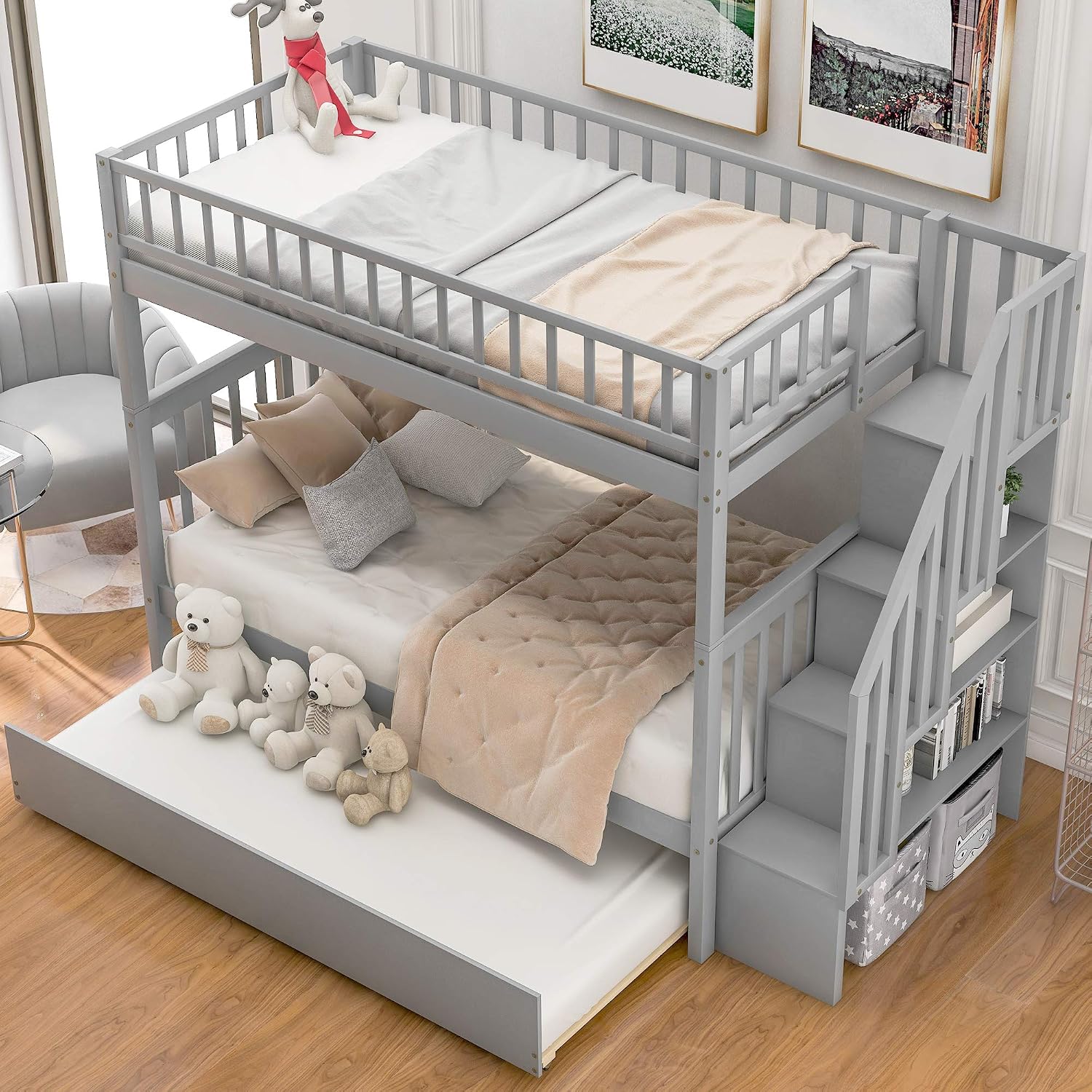 Harper & Bright Designs Twin-Over-Twin Bunk Bed with Trundle and Storage Staircase, Solid Wood 3 in 1 Stairway Bunk Bed with Trundle