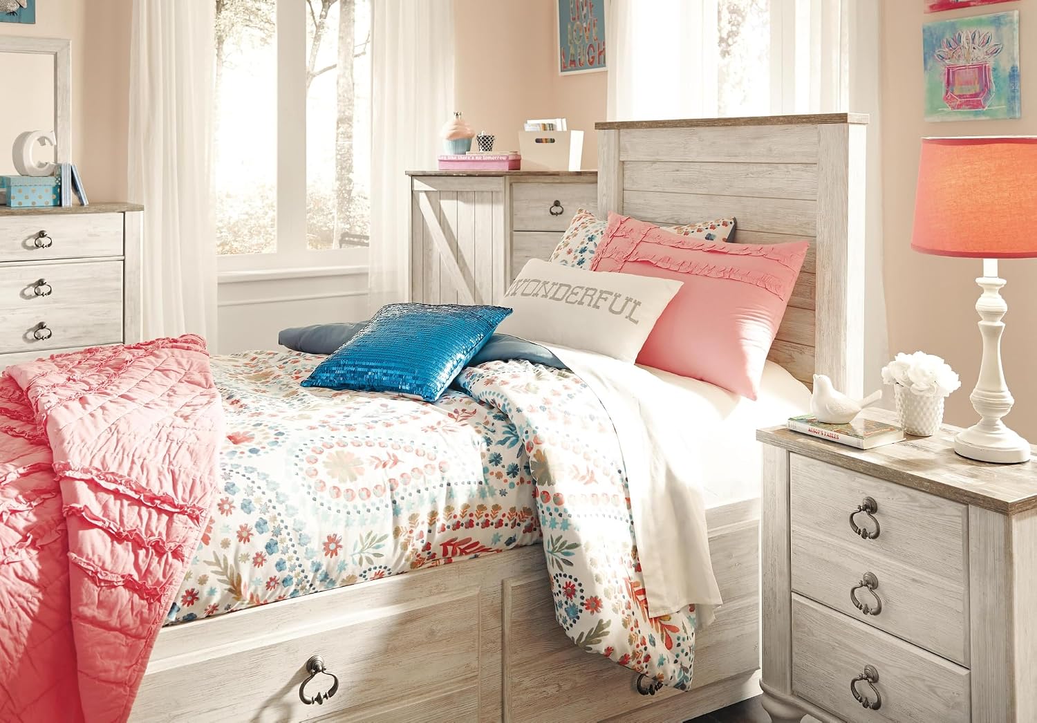 Signature Design by Ashley Willowton Cottage Farmhouse Panel Headboard ONLY, Twin, Whitewash